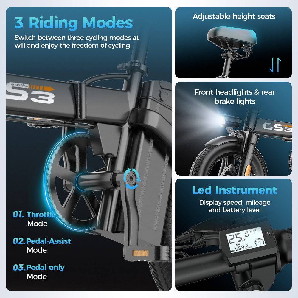 E-Bike Cityrad 14 Zoll Klapprad Elektrofahrrad 48V 15Ah City Pedelec faltbar Korb